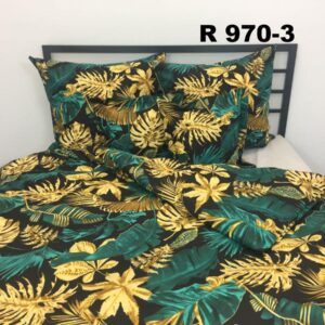 POŚCIEL BAWEŁNA D’LUX 160×200 POLSKA POŚCIEL 970-3 ZIELONE LIŚCIE I ZŁOTA MONSTERA NA CZARNYM TLE